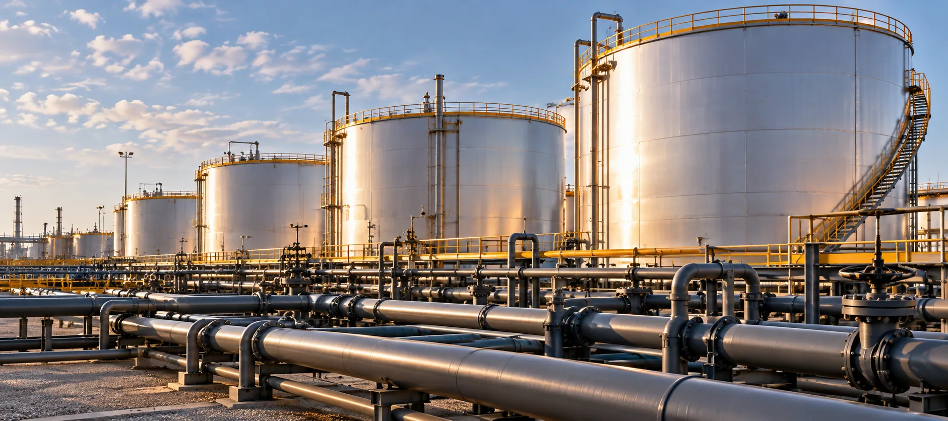 Industrial distillate tanks and connected pipelines