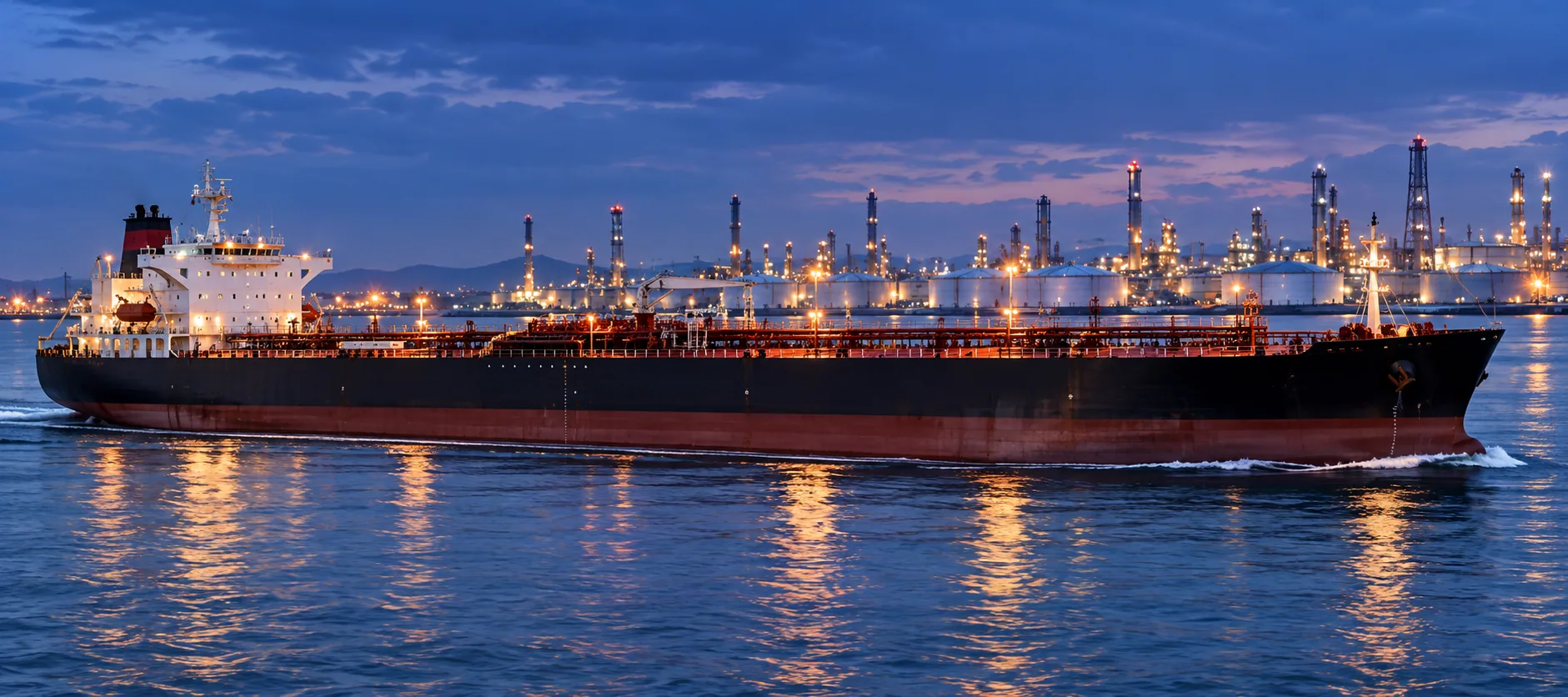 Crude oil tanker passing a refinery at dusk
