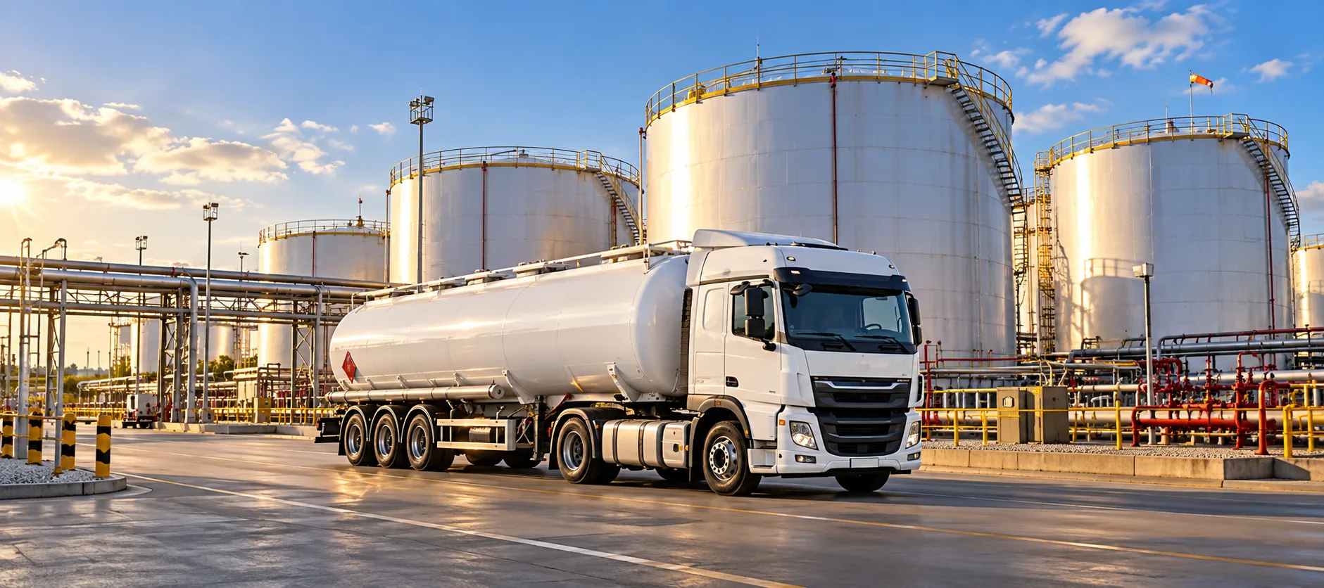 White fuel tanker truck outside diesel storage tanks