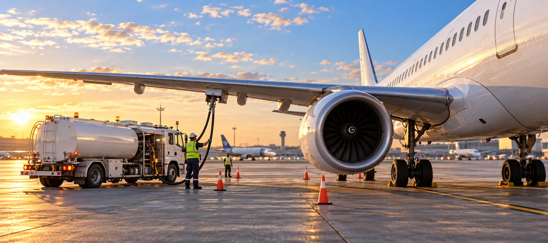 Aircraft receiving fuel on an airport apron